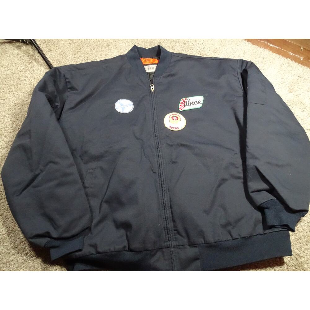 Vintage Cintas 3XL Work Jacket Embroidered Patches Distressed Navy Blue Bomber